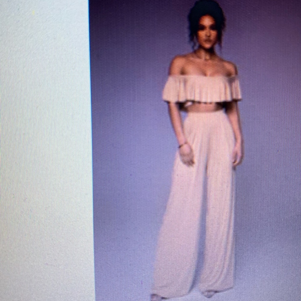 Tan pants set, off shoulder crop top with wide leg pants, XXL